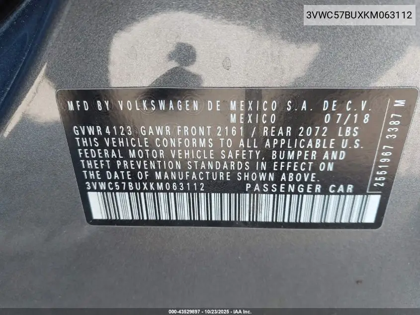 3VWC57BUXKM063112 2019 Volkswagen Jetta 1.4T R-Line/1.4T S/1.4T Se