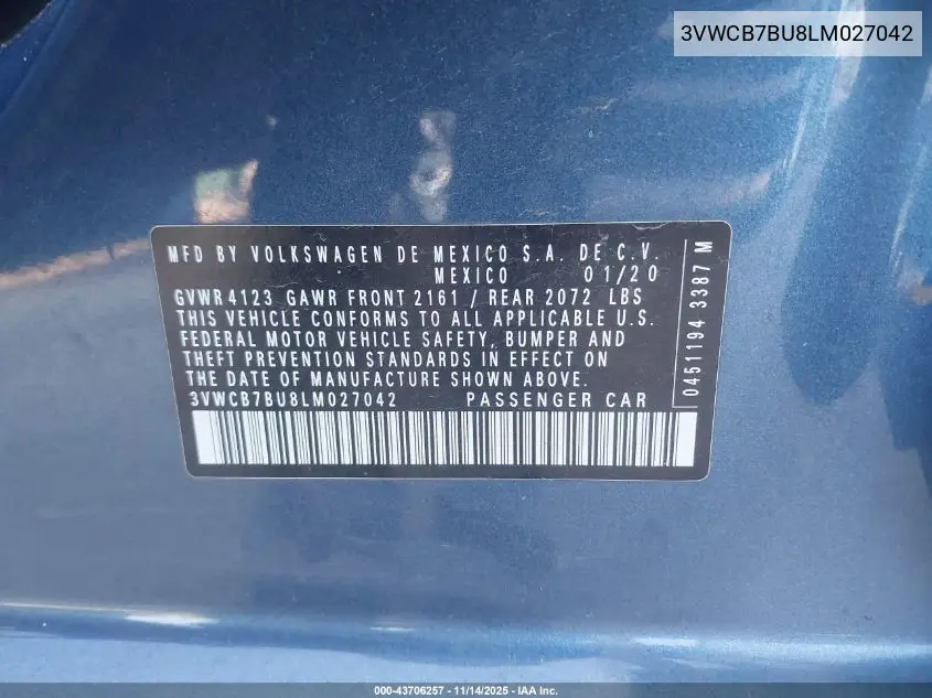 3VWCB7BU8LM027042 2020 Volkswagen Jetta 1.4T R-Line/1.4T S/1.4T Se