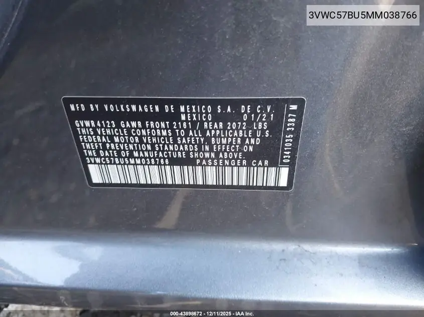 3VWC57BU5MM038766 2021 Volkswagen Jetta 1.4T R-Line/1.4T S/1.4T Se