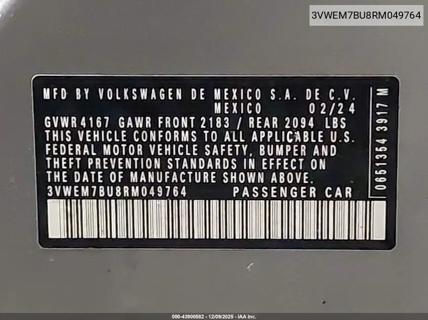 3VWEM7BU8RM049764 2024 Volkswagen Jetta 1.5T Se