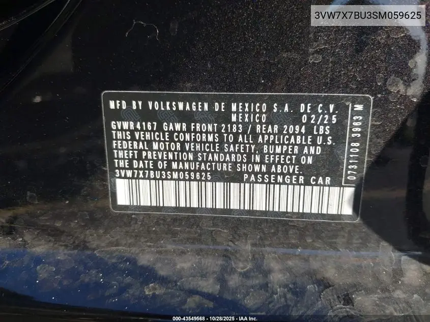 3VW7X7BU3SM059625 2025 Volkswagen Jetta 1.5T Se