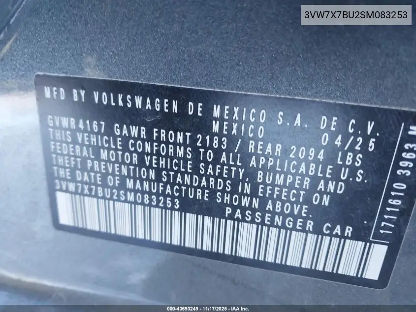 3VW7X7BU2SM083253 2025 Volkswagen Jetta 1.5T Se