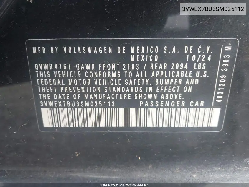 3VWEX7BU3SM025112 2025 Volkswagen Jetta 1.5T Se