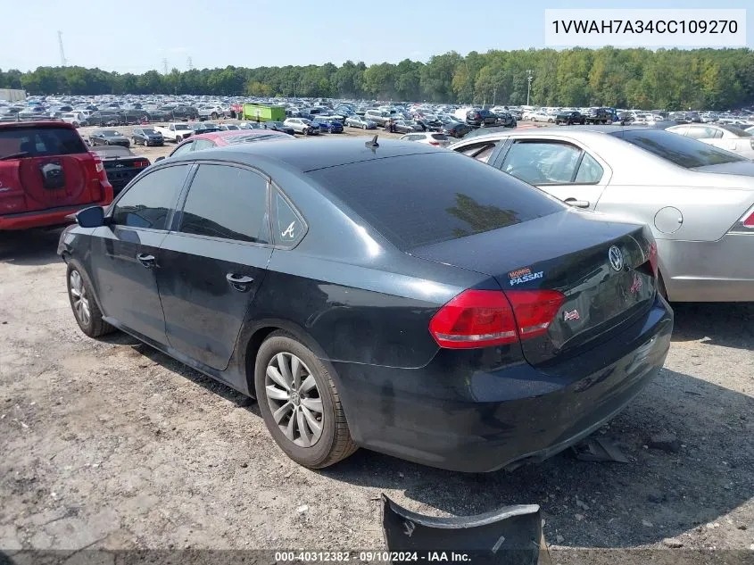 1VWAH7A34CC109270 2012 Volkswagen Passat 2.5L S