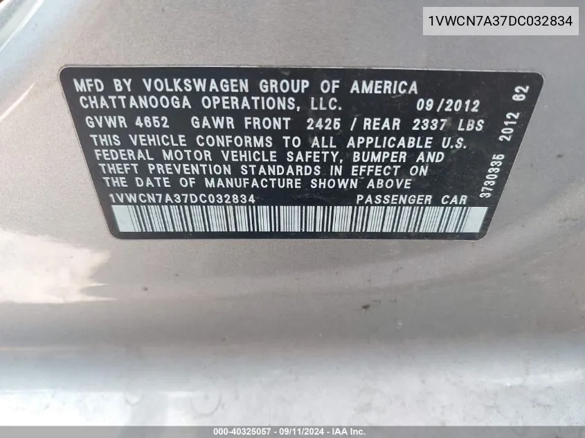 1VWCN7A37DC032834 2013 Volkswagen Passat 2.0L Tdi Sel Premium