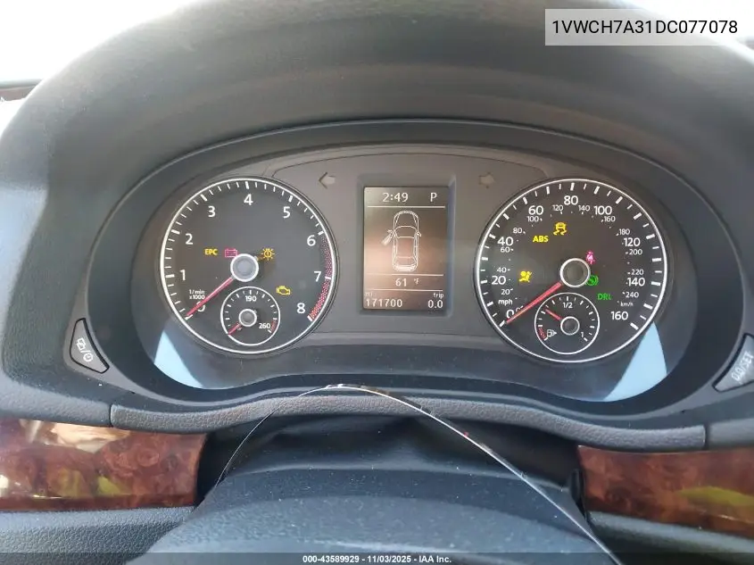 1VWCH7A31DC077078 2013 Volkswagen Passat 2.5L Sel