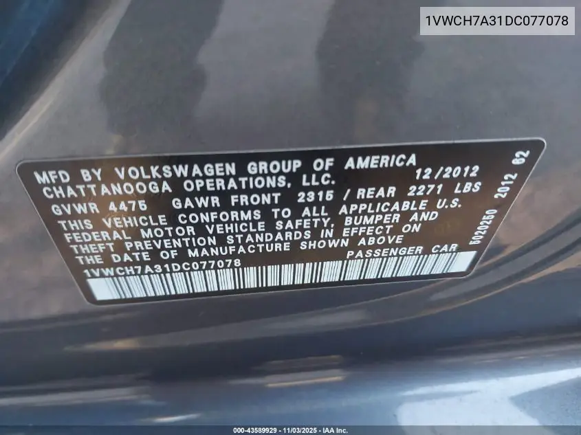1VWCH7A31DC077078 2013 Volkswagen Passat 2.5L Sel