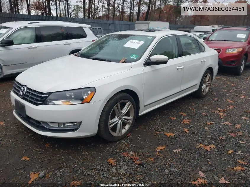 1VWCM7A36EC034451 2014 Volkswagen Passat 3.6L V6 Sel Premium