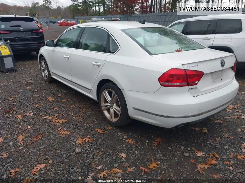 1VWCM7A36EC034451 2014 Volkswagen Passat 3.6L V6 Sel Premium