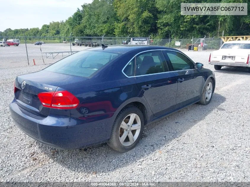 1VWBV7A35FC067712 2015 Volkswagen Passat 2.0L Tdi Se