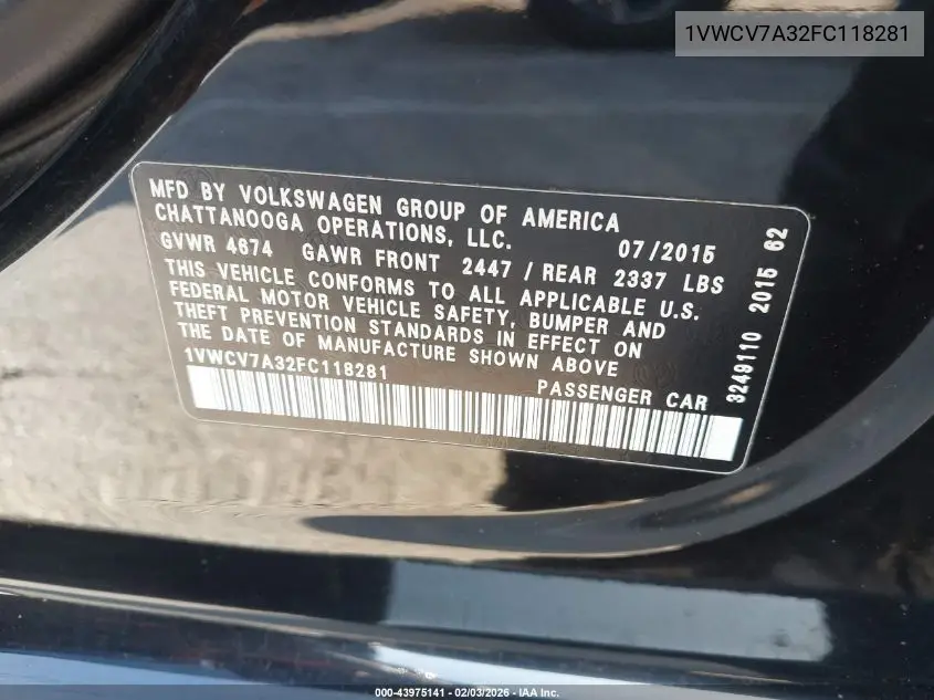 1VWCV7A32FC118281 2015 Volkswagen Passat 2.0L Tdi Sel Premium