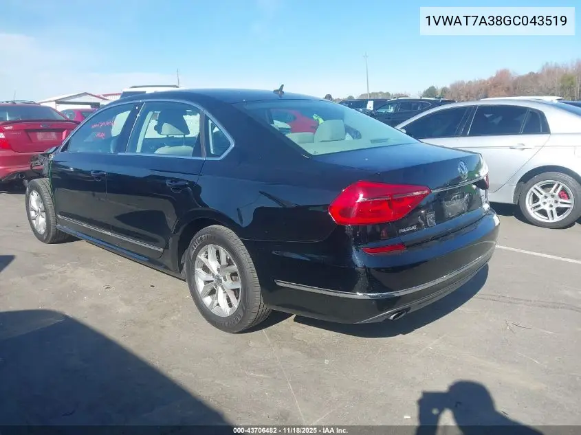 1VWAT7A38GC043519 2016 Volkswagen Passat 1.8T S