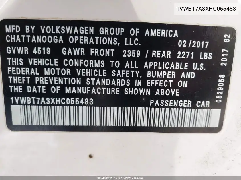 1VWBT7A3XHC055483 2017 Volkswagen Passat 1.8T Se