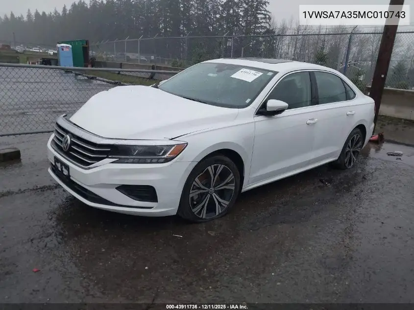 1VWSA7A35MC010743 2021 Volkswagen Passat 2.0T Se