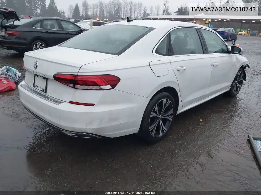 1VWSA7A35MC010743 2021 Volkswagen Passat 2.0T Se