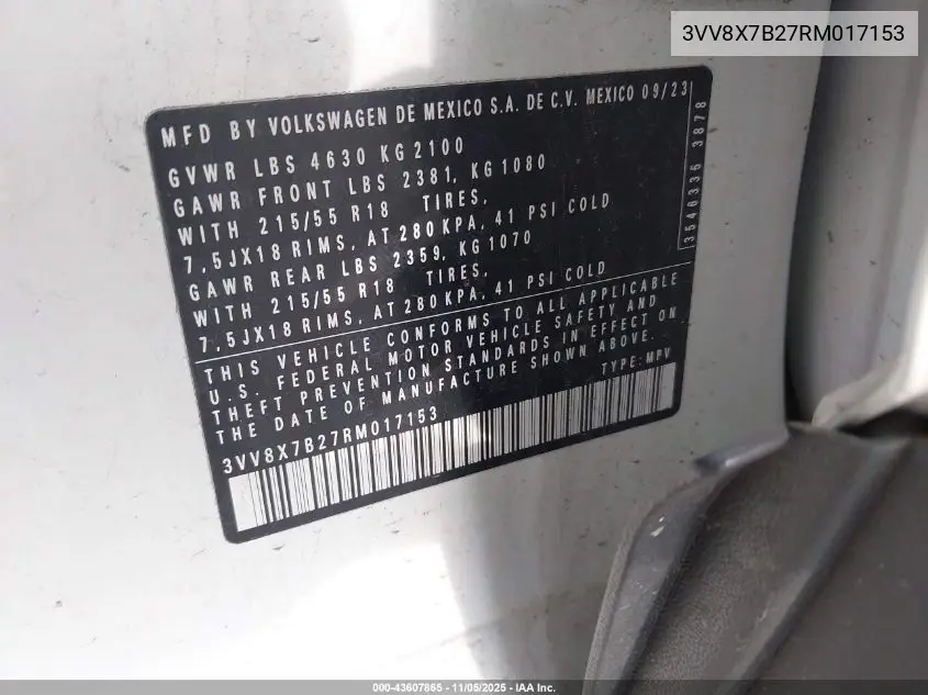 3VV8X7B27RM017153 2024 Volkswagen Taos 1.5T S