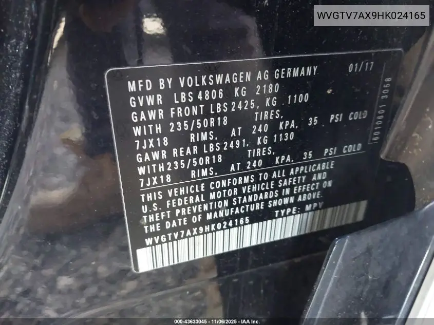 WVGTV7AX9HK024165 2017 Volkswagen Tiguan 2.0T Sport