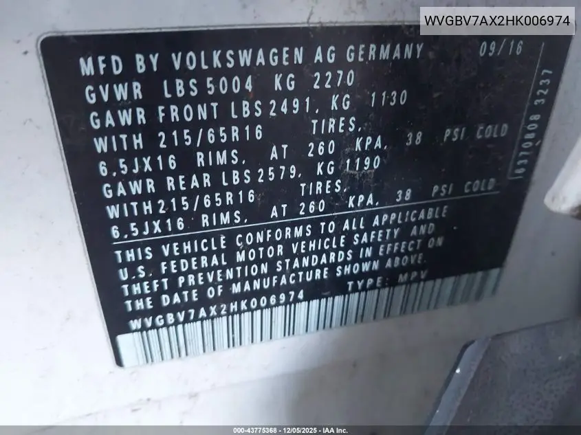 WVGBV7AX2HK006974 2017 Volkswagen Tiguan 2.0T/2.0T S