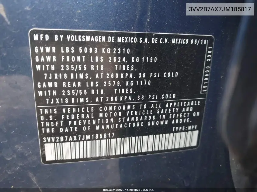 3VV2B7AX7JM185817 2018 Volkswagen Tiguan 2.0T Se/2.0T Sel