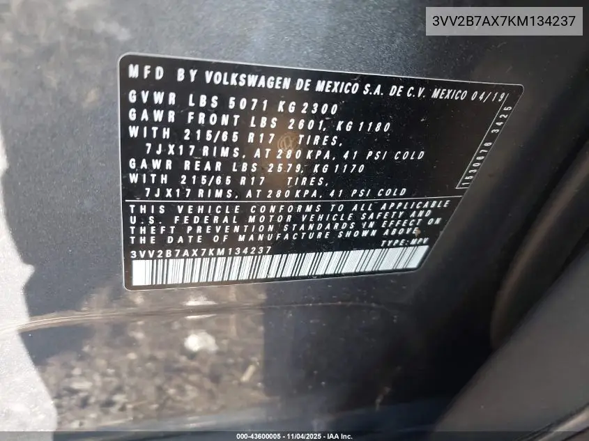 3VV2B7AX7KM134237 2019 Volkswagen Tiguan 2.0T Se/2.0T Sel/2.0T Sel R-Line/2.0T Sel R-Line Black