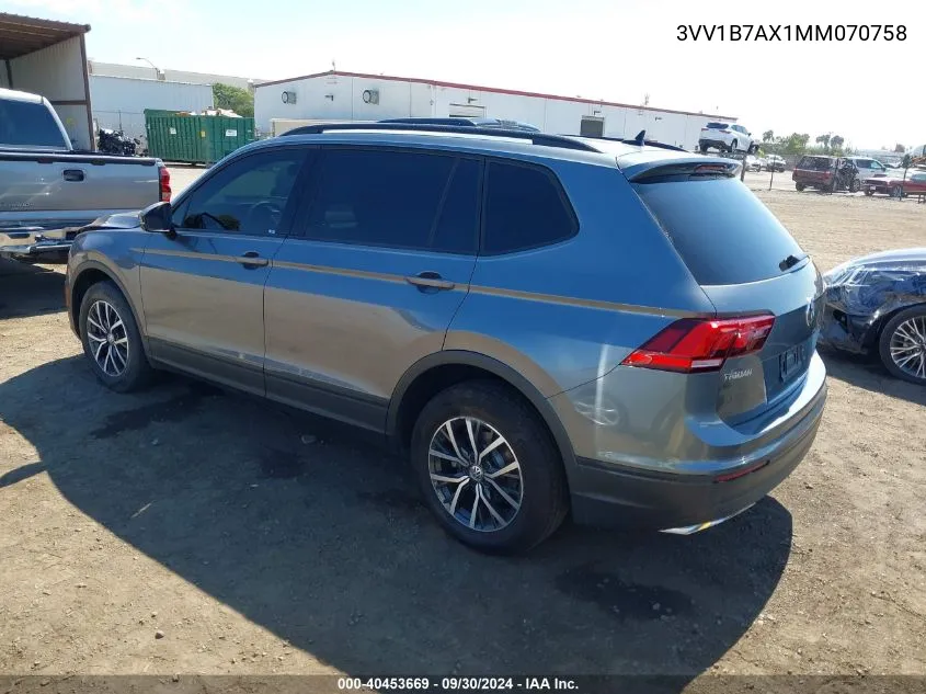 3VV1B7AX1MM070758 2021 Volkswagen Tiguan 2.0T S