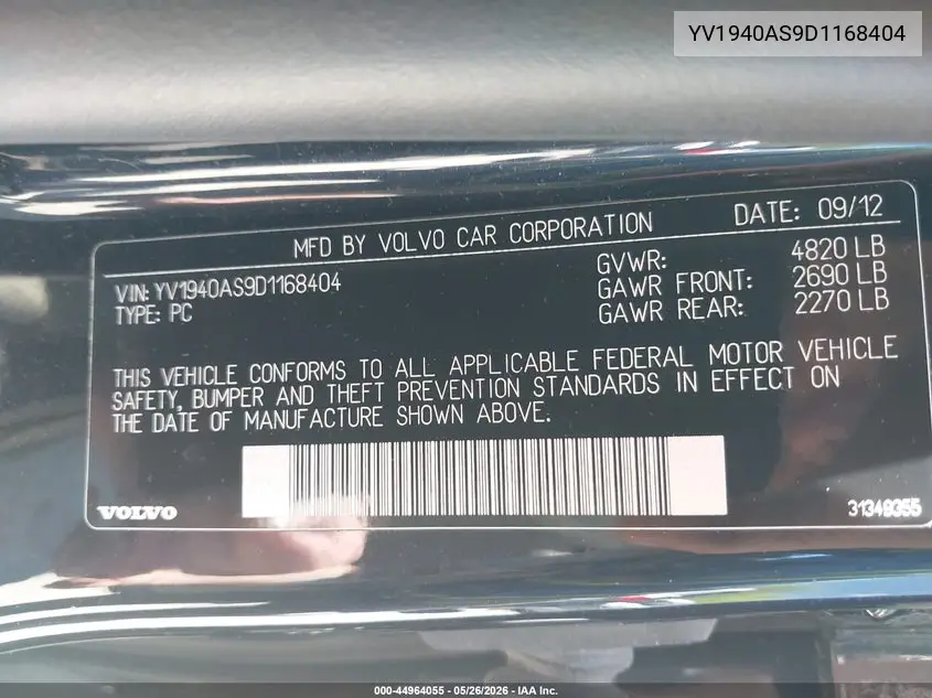 2013 Volvo S80 3.2 VIN: YV1940AS9D1168404 Lot: 44964055