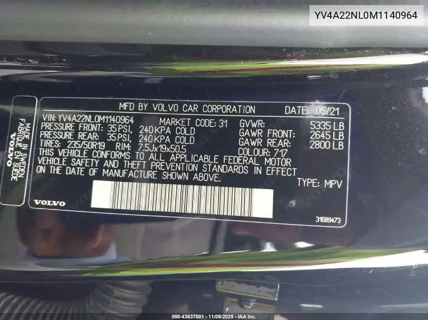 YV4A22NL0M1140964 2021 Volvo V90 Cross Country T6