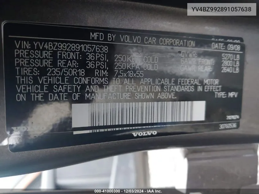 2009 Volvo Xc70 T6 VIN: YV4BZ992891057638 Lot: 41000300