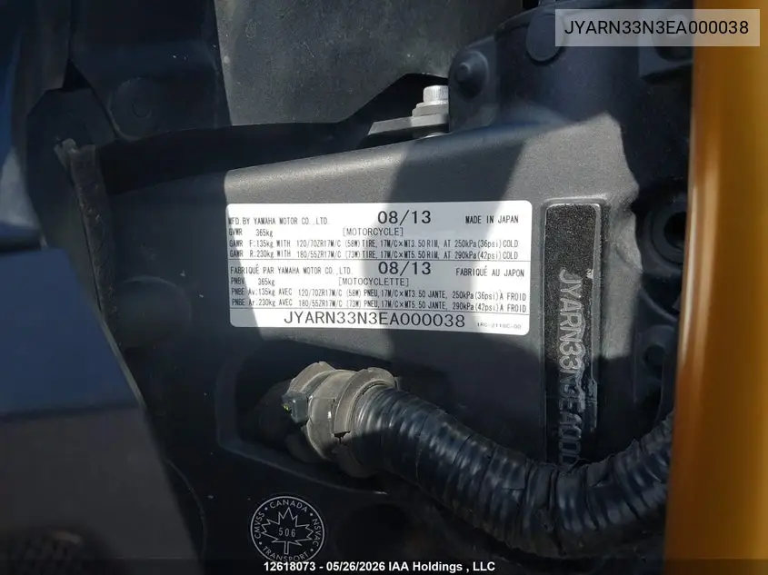2014 Yamaha Fz09 VIN: JYARN33N3EA000038 Lot: 12618073