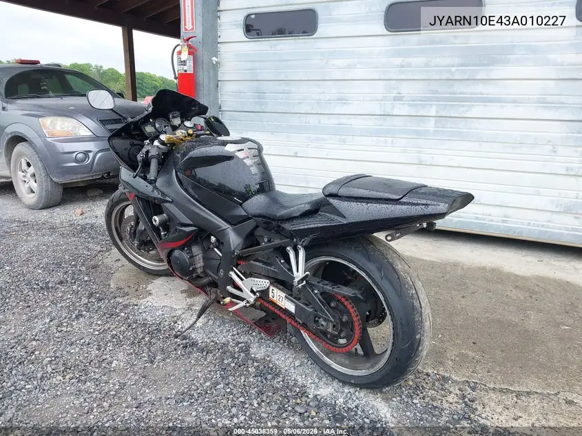 2003 Yamaha Yzfr1 VIN: JYARN10E43A010227 Lot: 45038359